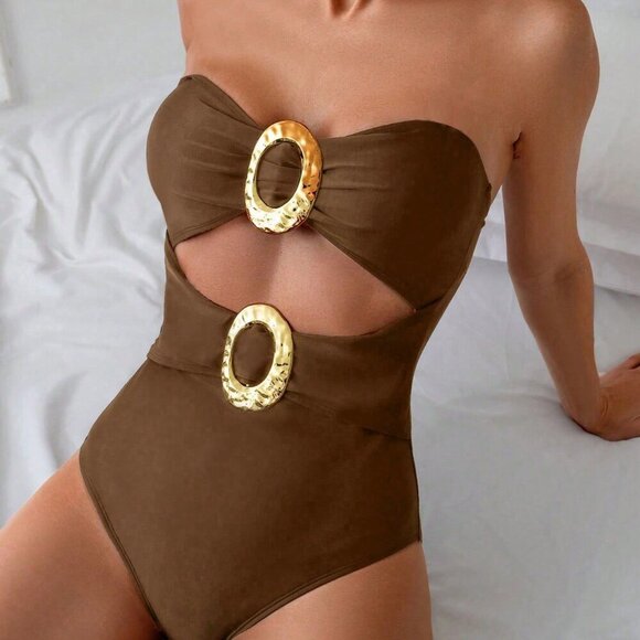 Brown Casual Women's All Hollow Metallic Decor Bodysuit - Picture 1 of 7